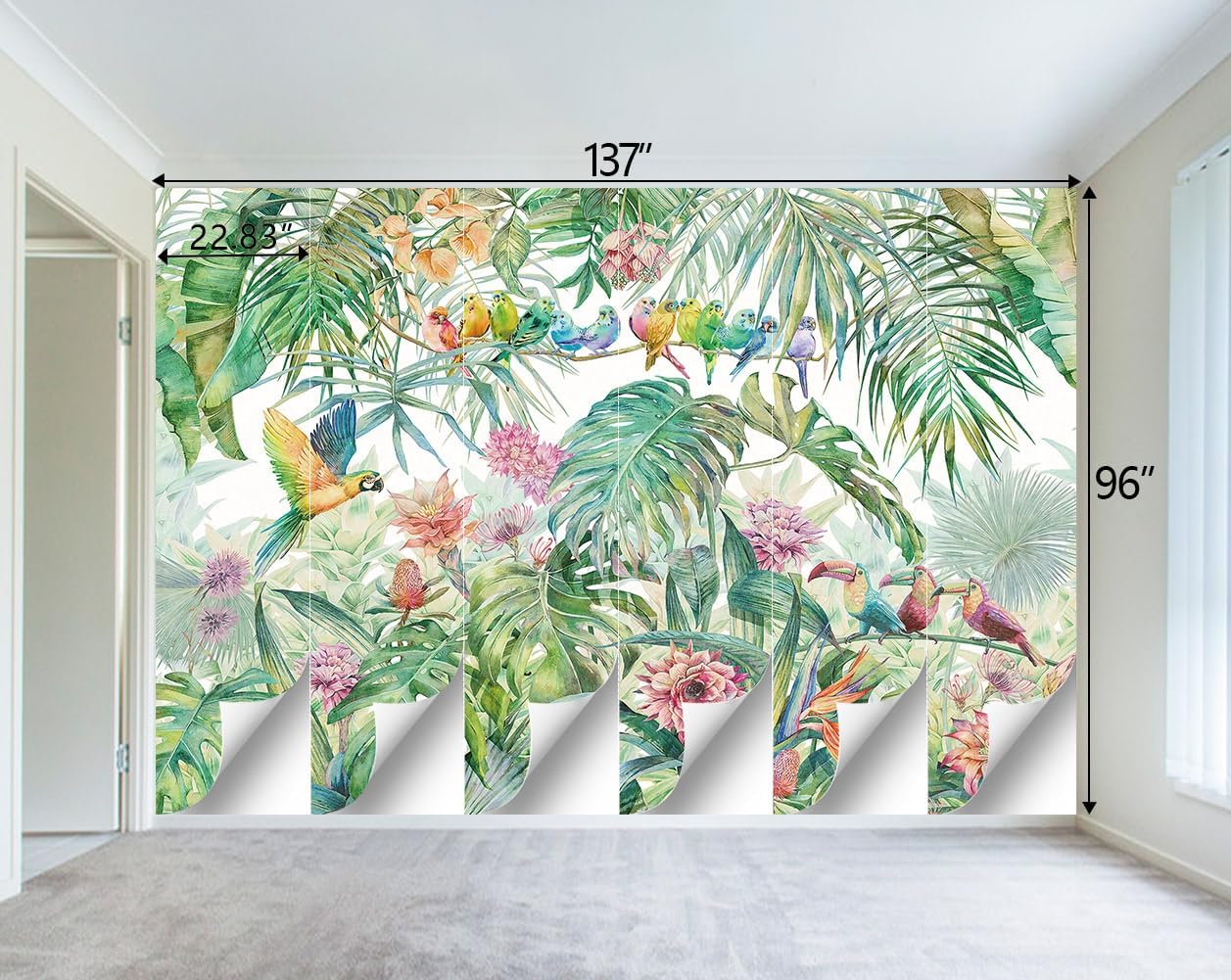 Tropical Green Botanical Flower Birds Leaf Wallpaper Bedroom Plant Floral Mural Room Decor Living Room tv Background Large Wall Mural - 137"x96" (Not Peel and Stick)