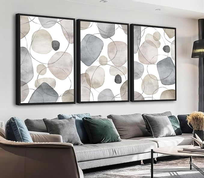 Large Abstract Canvas Wall Art - Geometric Framed Wall Decor Modern Circles and Lines Paintings Light Colors Minimalist Pictures for Living Room Bedroom Office Bathroom 24" X 36" X 3 Panels
