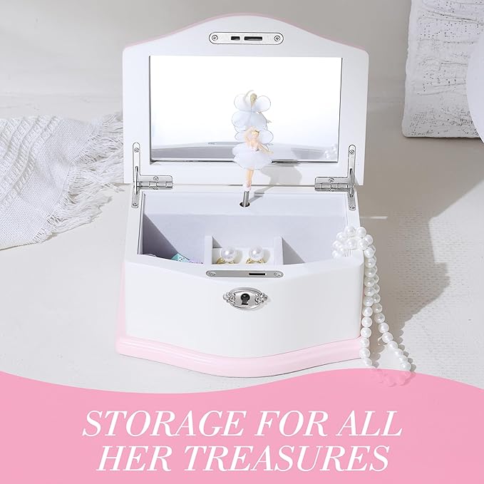 Medium Ballerina Musical Jewelry Box with Mirror for Girls,Kid's Jewelry Storage Music Chest- (white/pink)