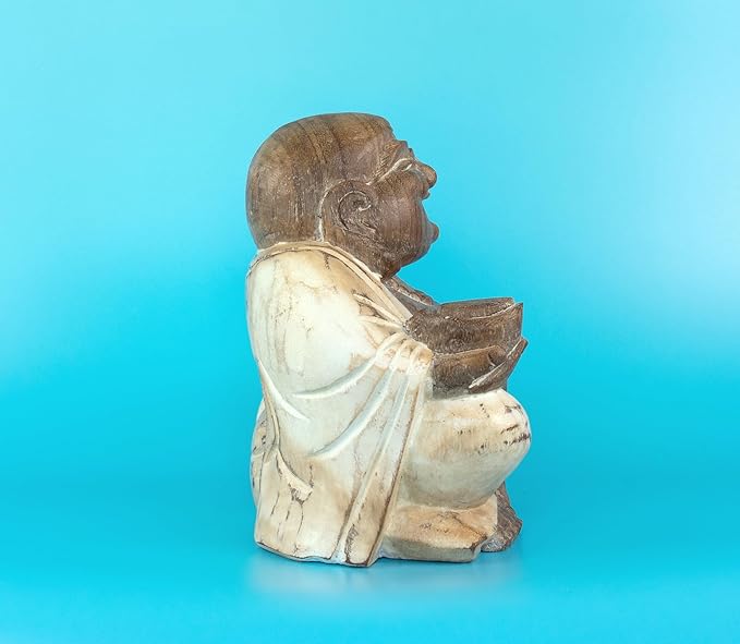 G6 Collection 8" Wooden Whitewashed Laughing Happy Buddha Statue Hand Carved Smiling Sitting Sculpture Handmade Figurine Decoration Home Decor Accent Handcrafted Art Happy Buddha (White Washed)