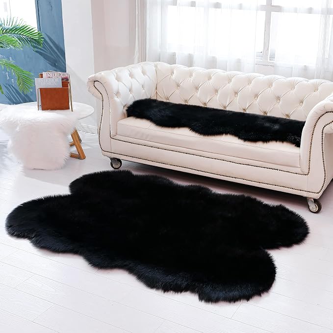 Faux Fur Rug Black Sheepskin Area Rug,Ultra Soft Shaggy Plush Rug Bedroom Living Room Sofa Floor Kids Room Bedside（4 x 6 ft Sheepskin）