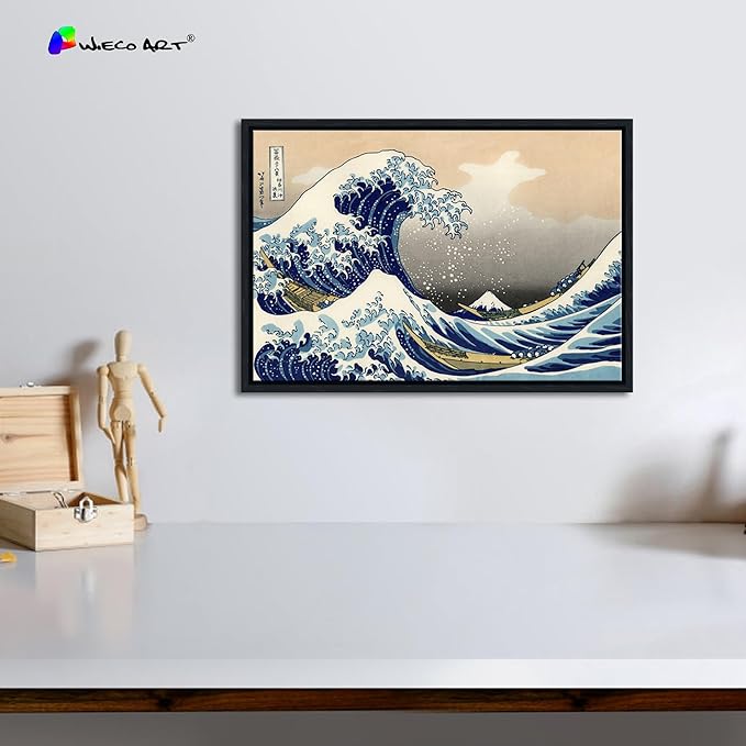 Wieco Art Framed Wall Art Canvas Prints Ocean Beach Picture Paintings for Home Office Decorations Wall Decor Great Wave of Kanagawa Katsushika Hokusai Modern Landscape Sea Artwork