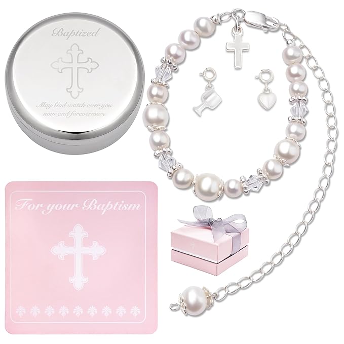 Tryuunion Baptism Bracelet in Sterling Silver and Cultured Pearls for Baby Girls, Comes with a Unique Silver-plated Jewelry Keepsake Box, Christening and Baptism Gifts For Girl, Includes 3 Charms