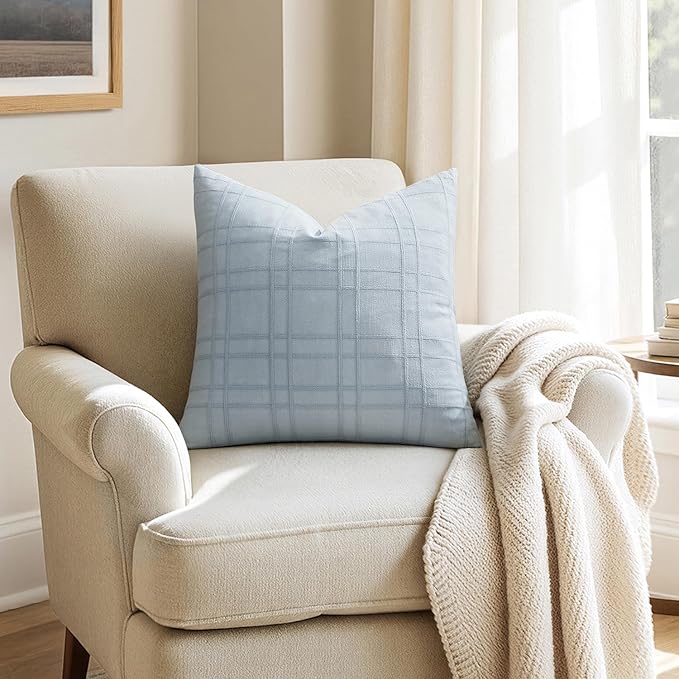 MIULEE Decorative Linen Check Euro Shams Throw Pillow Covers Neutral Farmhouse Vintage Pillow Covers 24x24 Set of 2 Boho Modern Home Decor for Sofa Couch Bedroom Cushion Coastal Blue