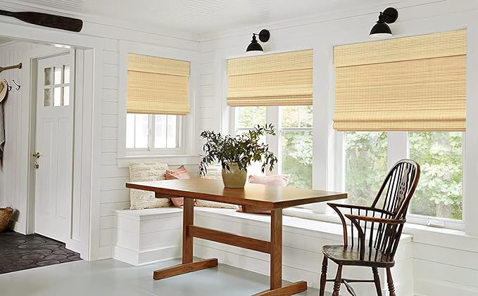 LazBlinds No Tools No Drill Cordless Bamboo Roman Shades, Privacy Window Treatment, Roll Up Bamboo Blinds for Windows 26'' W x 64'' H, Natural