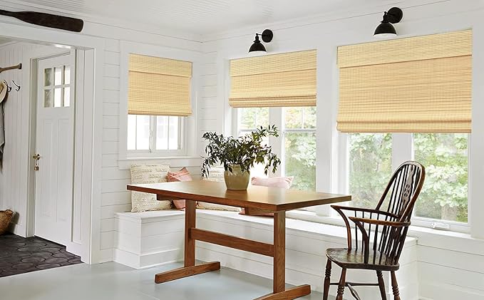 LazBlinds No Tools No Drill Cordless Bamboo Roman Shades, Privacy Window Treatment, Roll Up Bamboo Blinds for Windows 33'' W x 64'' H, Natural
