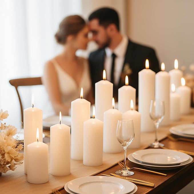 White Pillar Candles Bulk Set of 18，Hurricane Candles，3 Different Lengths 2 x 3/6/8 Inch (6 Each)，Dripless Unscented Smokeless，Gives You a Better Atmosphere When Organizing an Event Party.