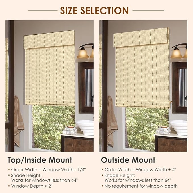 Cordless Bamboo Roman Shades, Light Filtering Bamboo Blinds Shades for Indoor Windows, UV Protection Roll Up Blinds for Home, Office, 40" W x 64" H, Beige