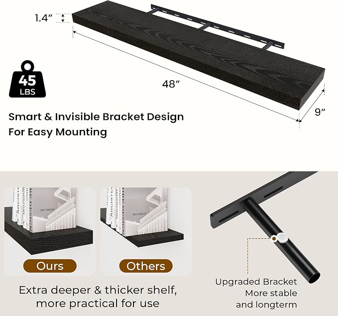 Dreamland 48Inch Black Floating Shelves 9.3" Deep Wall Mounted Set of 2 | Wall shelves for bathroom, bedroom, kitchen, deep wall mount wood storage display for home decor 48" x 9.3"