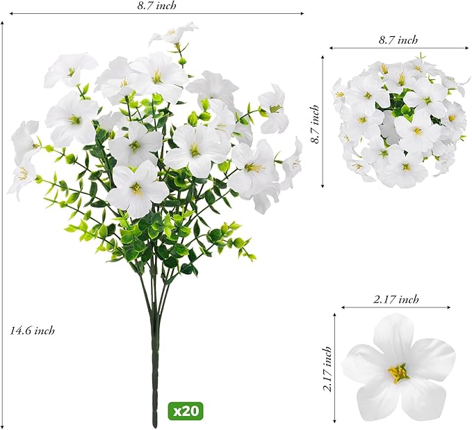 20 Bundles Artificial Petunias Flowers for Outdoors, Faux Silk Flowers UV Resistant Realistic Fake Plants for Outside Planters Porch Patio Yard Garden Spring Summer Home Decor, White