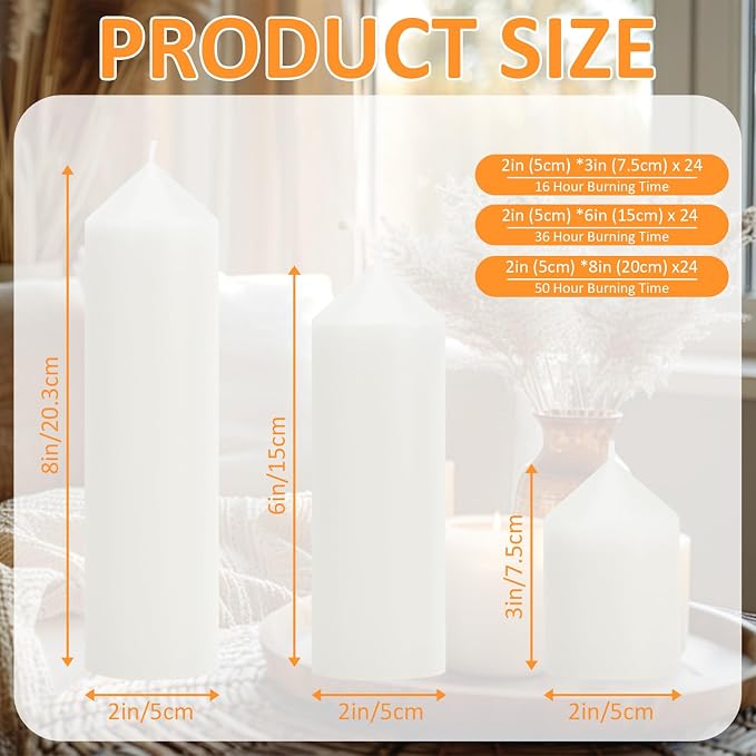 White Pillar Candles Bulk Set of 72，3 Different Lengths 2 x 3/6/8 Inch (24 Each)，Hurricane Candles，Dripless Unscented Smokeless，Gives You a Better Atmosphere When Organizing an Event Party.