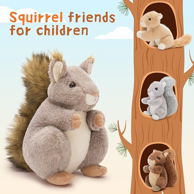 MaoGoLan 4Pcs Squirrels Stuffed Animal, Realistic Squirrel Plush Toys with 3 Baby Squirrels for Small Hand, Adorable Stuffed Squirrels Gift for Forest Animal Lover,Girls,Boys,Kids,Baby Shower
