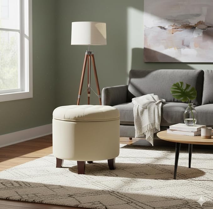 HomePop 19" Velvet Button Tufted Round Storage Ottoman - Cream