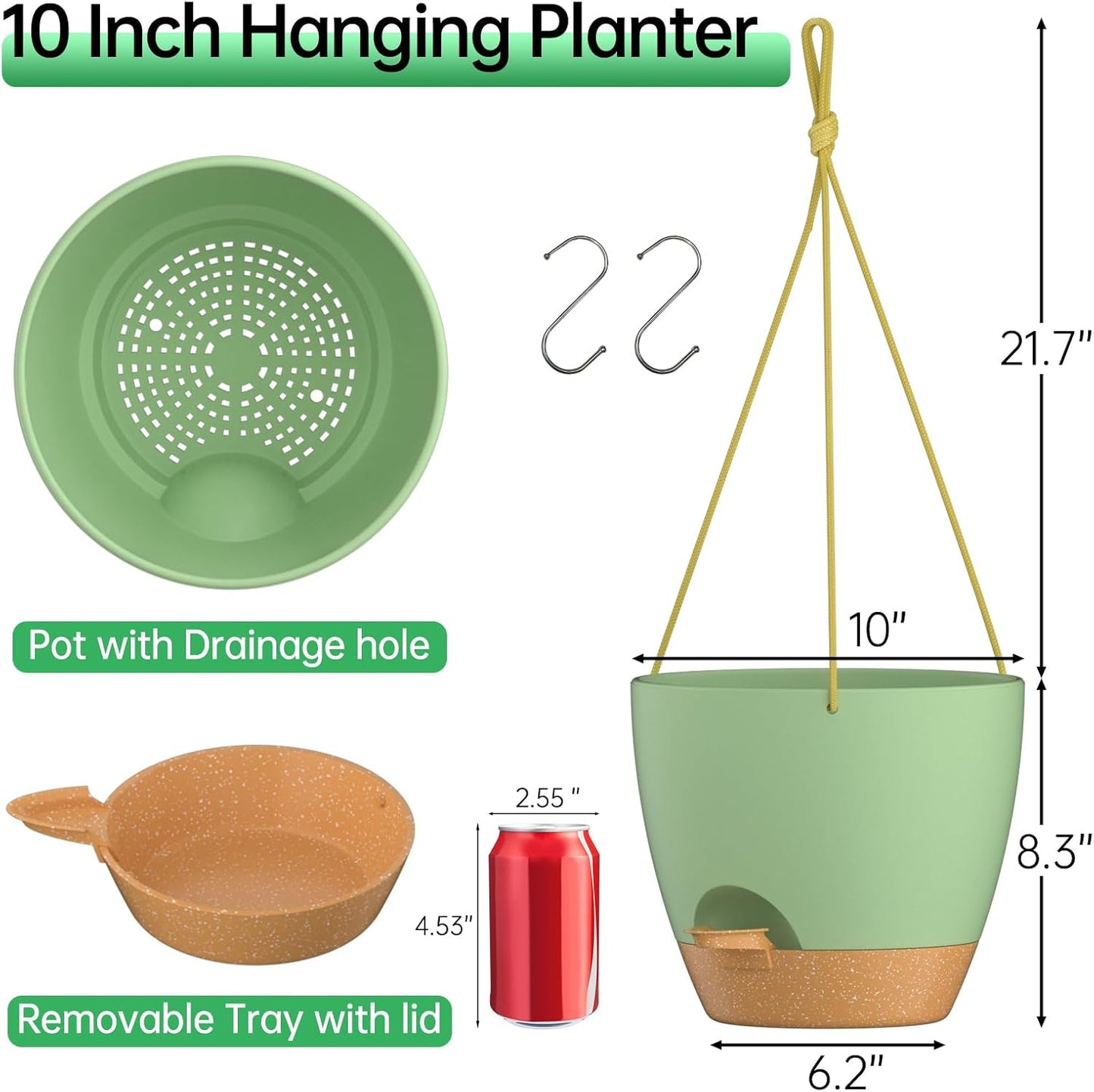 ZMTECH 10 Inch Hanging Planters for Indoor Outdoor Plants, 2 Pack Self Watering Hanging Plant Pots with Drainage Holes and Removable Saucer, Plastic Flower Hanging Pots with Watering Lip (Green)