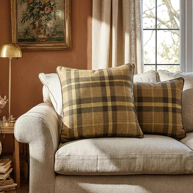bilin gaier Designer Vintage Linen Throw Pillow Cover,18"x18"-Seville BN | Elegant Square Pillow Cover,Concealed Zipper Design,Plaid Print Pattern,Sofa,Bedroom,Living Room,Lounge Chair