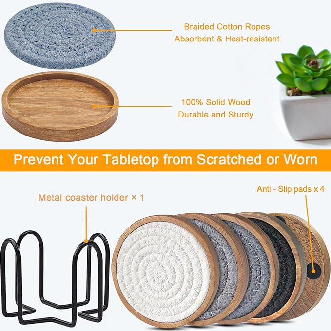 Eykao Coasters for Drinks Absorbent Sets of 5, Woven Coasters with Holder, Housewarming Gift for Farmhouse Home Decor, 4 inches (Gray Series)