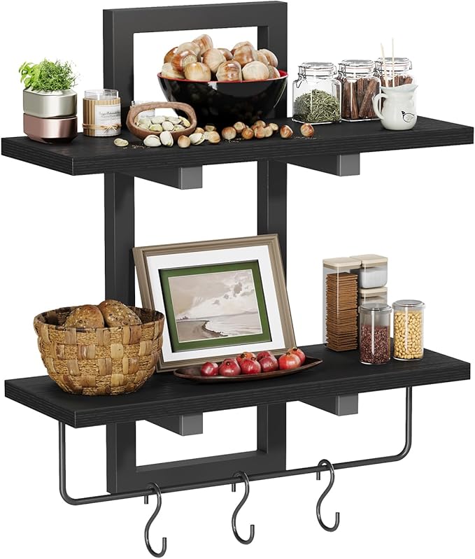 Creso hom Floating Shelves, 15" Wall Shelf Set of 2, Hanging Bathroom Shelves 2-Tier, Wall Mounted Storage Shelves, for Living Room Bedroom Bathroom Kitchen Office Coffee Bar, Black
