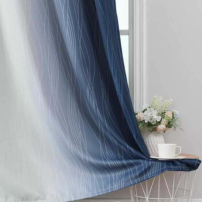 Estelar Textiler Navy Blue and Sage Green Ombre Blackout Curtains 90 Inches Long 2 Panels for Living Room, Thermal Insulated Drapes for Bedroom, Full Light Blocking Curtains for Sliding Door,52Wx90L