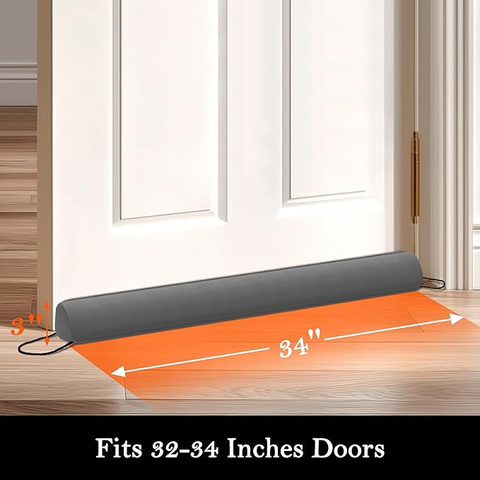 Sunolga 2 Packs 34 Inches 2.1LBs Weighted Door Draft Stopper Filled with Glass Beads & Cotton, Removable Machine Washable Sound Proof Under Door Draft Blocker with Anti-Abrasion Bottom for Door, Gray