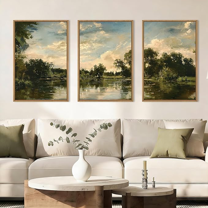 Vintage Landscape Framed Canvas Wall Art Set,Rustic Natural Green Trees and Lake Wall Decor,Classic Nature Scenic French Country Forest Artwork for Living Room,Bedroom,Farmhouse-24 x36 x3