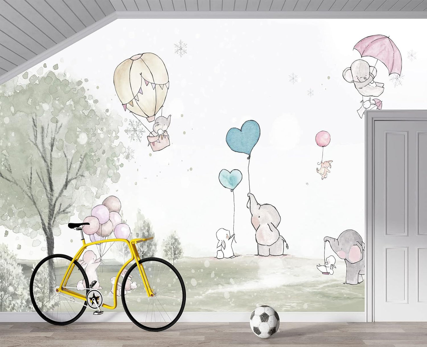 Cartoon Elephant Rabbit Balloon Nursery Wall Mural Wallpaper 178" x 117"