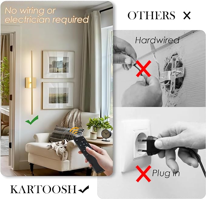 KARTOOSH Removable Battery Operated Wall Sconces with Remote Control, Stepless Colors 3000K-6000K & Dimming, 350°Rotate, LED Gold Wireless Wall Light for Living Room, Bedroom, 32.2 Inch (2 Pack)