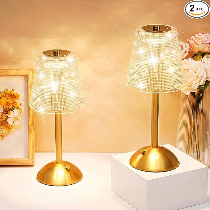 Liliful 2 Pcs Cordless Table Lamp Rechargeable Touch LED Small Gold Portable Battery Operated USB-c Desk Lamp 3 Color Dimmable for Bedroom Living Room Dining (Gold,Retro Style)