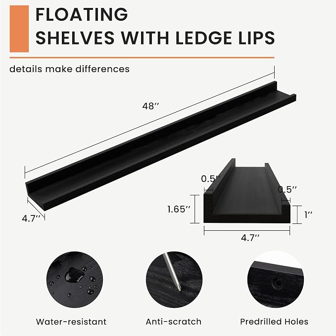 FLYJOE Picture Ledge Shelf, Floating Shelves Set of 2, Solid Ash Wood 48'' Long Large Nursery Book Shelves for Toys Storage, Kids Bookshelf for Living Room Bedroom Decor Books Photo Frames, Black