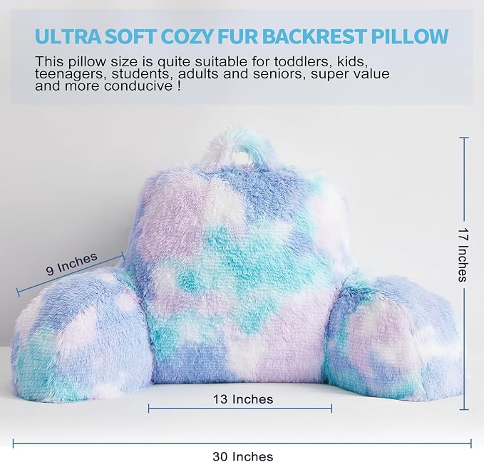 Reading Pillow for Bed Adult - Faux Fur Backrest Pillow with Arms, Ergonomic Back Rest Pillow for Sitting Up in Bed, Extra Fluffy Sit Up Pillow, Students, Teens, Kids Study Pillow, Xmas Gift