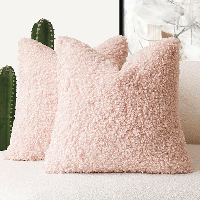 Foindtower 2 Pieces 26x26 Inch Light Pink, Faux Fur Throw Pillow Cover Accent Sherpa Furry Pillow Covers Fuzzy Soft Pillowcases Cozy Sheepskin Decorative Fleece Cushion Case for Bed Couch Living Room