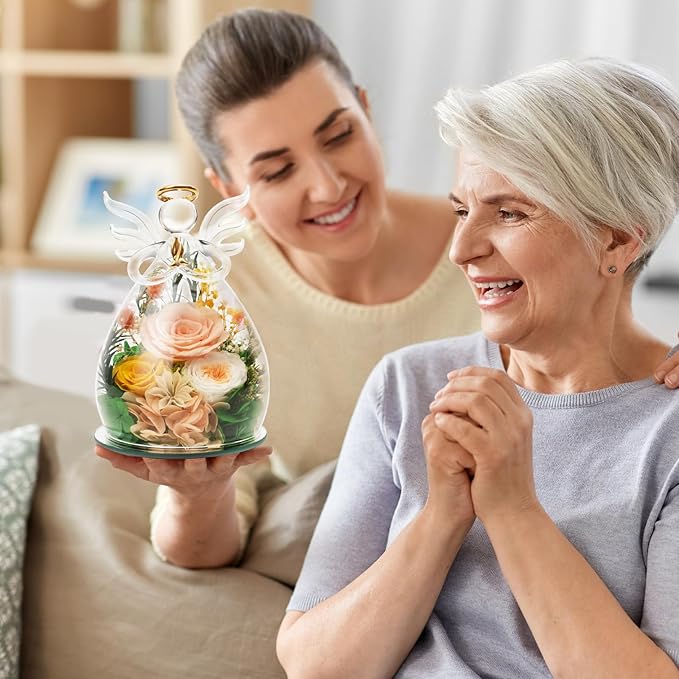 for Mom - Preserved Rose Forever Flower in Glass Angel Figurines, Real Rose Birthday Gifts for Women Grandma Wife, Anniversary Fresh Flower Delivery from Daughter Son