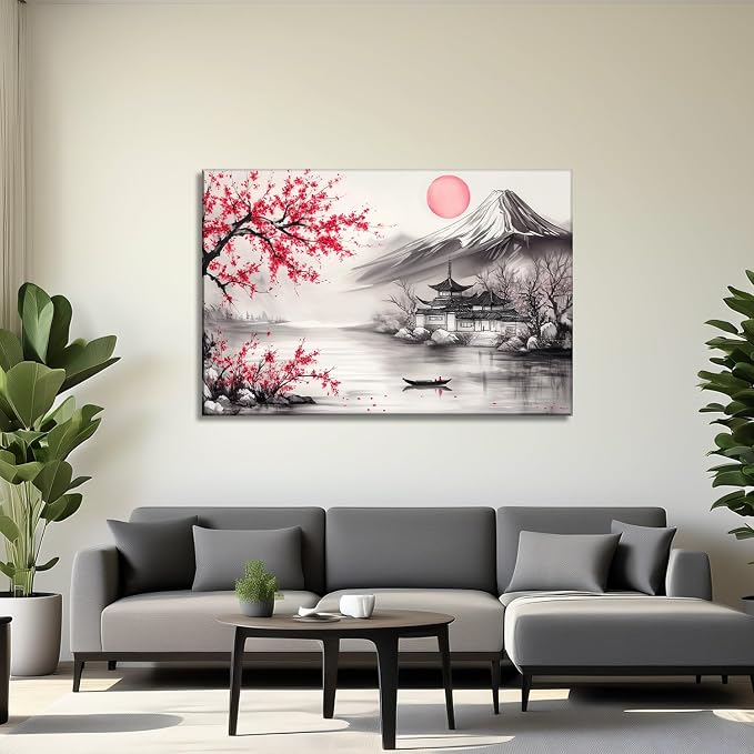 Japanese Wall Art Asian Landscape Watercolor Canvas Prints Red and Black Cherry Blossom Trees Picture Vintage Painting for Living Room Home Office Wall Decor Framed - 16.00x24.00 inch