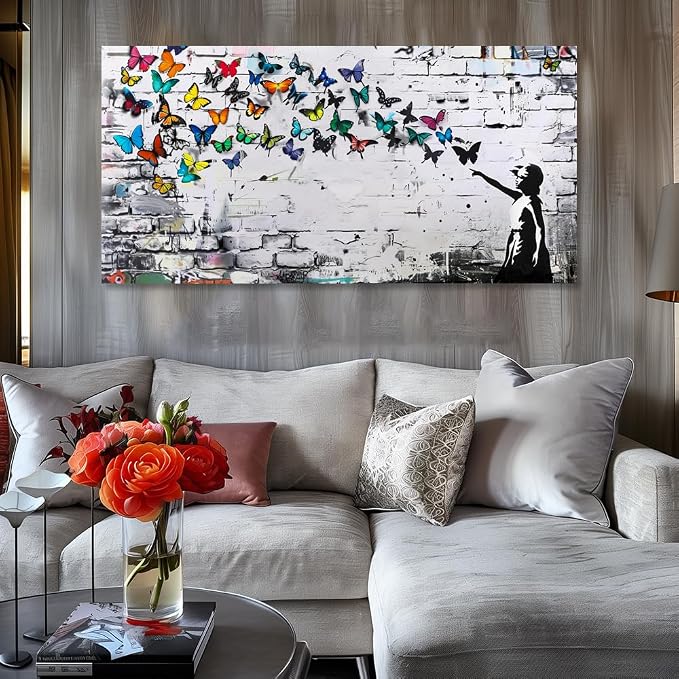 Colorful Graffiti Wall Art Funny Butterfly Paintings Banksy Street Art Mural Pop Art Home Office Wall Decor Framed Canvas Wall Decor for Living Room Ready to Hang -58x28in