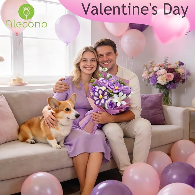 Alecono Large Crochet Flower Bouquet, Knitted Artificial Flowers, Crochet Tulip as a Gift for Valentines Day Mothers Day, Graduation Gifts for Girls Women (Purple)