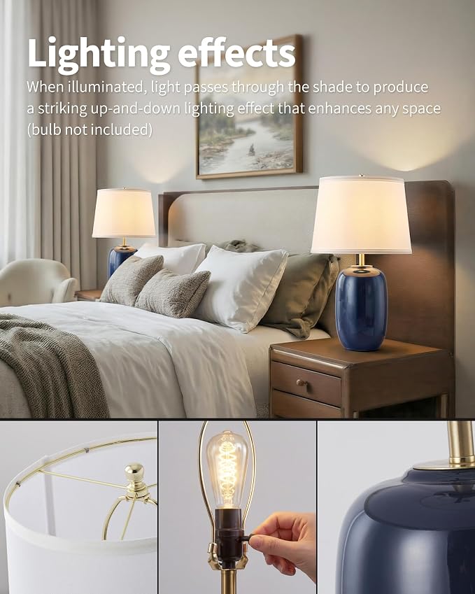 PUSU 22 Inch Blue Ceramic Table Lamps Set of 2, Fabric Lampshade Living Room Office Desk lamp, E26 Socket Rotary Switch Lighting for Bedroom, Nightstand, Reading, Office, Study, Corner, Home Decor