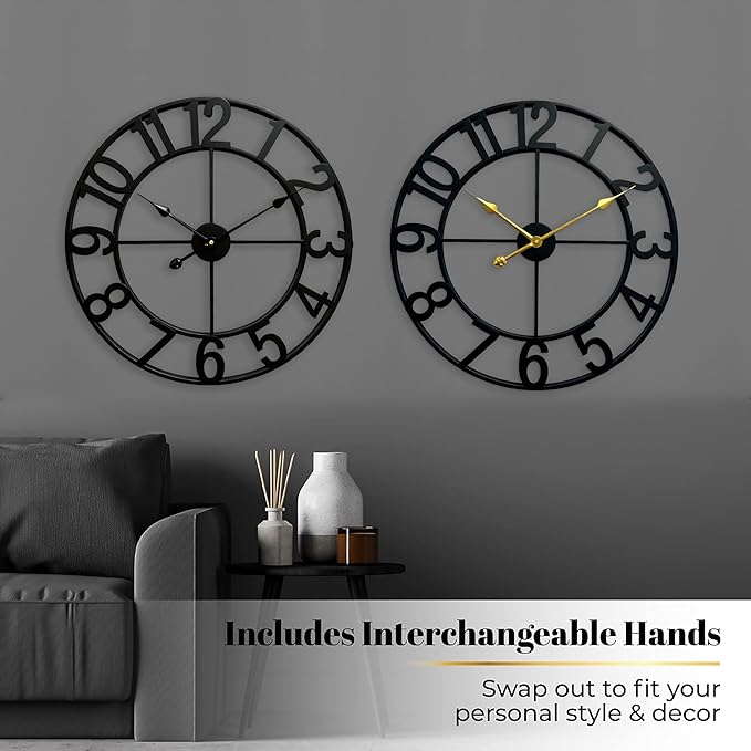 CLXEAST 24 Inch Wall Clocks for Living Room Decor, Large Black Metal Wall Clock Battery Operated, Silent/Non Ticking, Regular Arabic Numeral