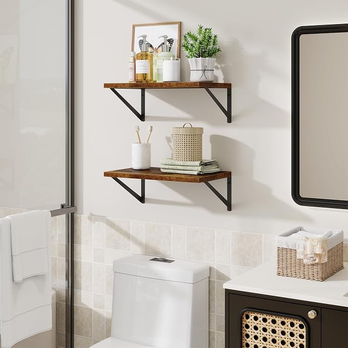 Floating Shelves for Wall,18" Wall Mounted Shelves Set of 2,Wood Floating Shelf with Bracket,Sturdy Metal Bracket Bookshelves Home Decor Storage for Living Room,Bedroom,Bathroom,Kitchen,Rustic Brown