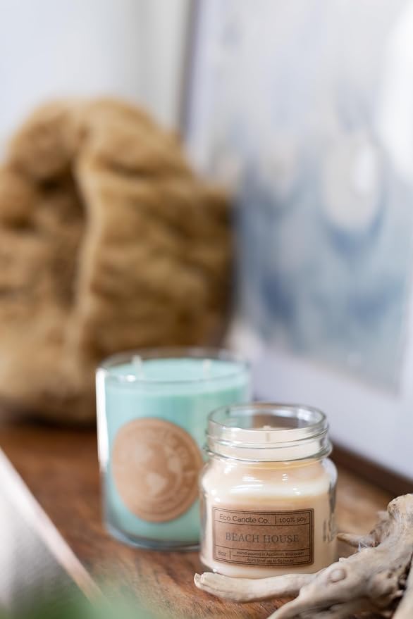 ECO CANDLE CO. Mason Jar Candle, Beach House, 8 oz. - Scents of Melons & Ocean Air - 100% Soy Wax, No Lead, Kraft Label & Antiqued Pewter Lid, Hand Poured, Made from Midwest Grown Soybeans