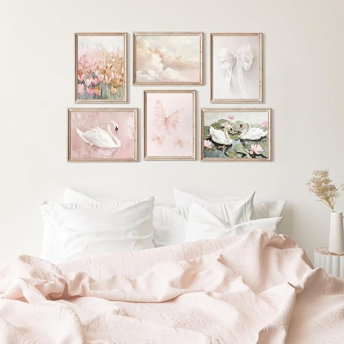 Tocliky Coquette Pink Wall Art Decor Swan Posters Bow Flower Canvas Wall Art Preppy Cute Pictures Trendy Butterfly Posters Coquette Aesthetic Prints for Girl Dorm Room Bedroom 12x16x6 Inch Unframed