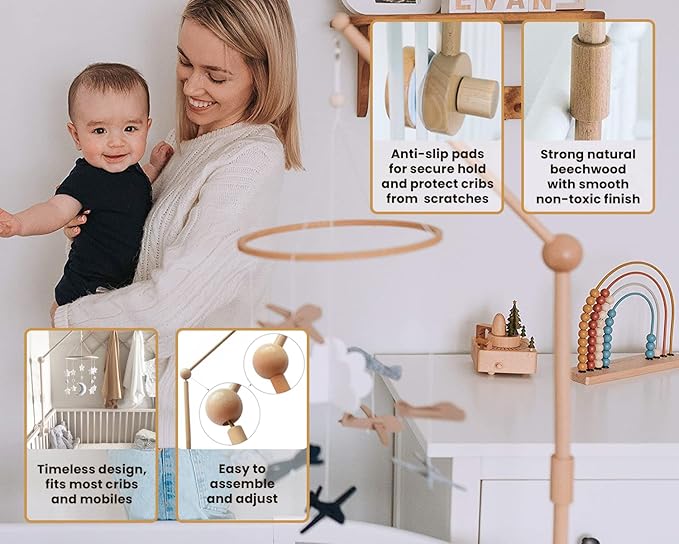 Baby Crib Mobile Arm Wooden Holder - Baby Mobile Hanger for Crib (31 inch, 100% Natural Beechwood) Strong Anti Slip - Nursery Decor & Gift Accessories (Original)