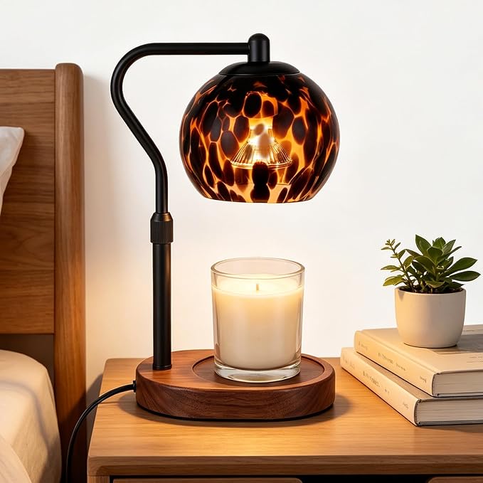 Candle Warmer Lamp with Timer & Dimmable Brightness Levels, Adjustable Height Wax Melt Lamp for Jar Candles, Tortoise Shell Glass Shade with Wooden Base, House Warming Decor Gifts Mothers Day Gifts