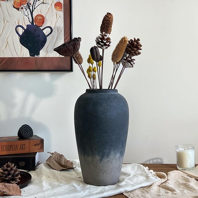 Ceramic Rustic Farmhouse Vase, 12 Inch Black Handmade Pottery Flower Vase for Home Decor, Rustic Living Room Decor, Wedding Gifts, Shelf & Table Decoration