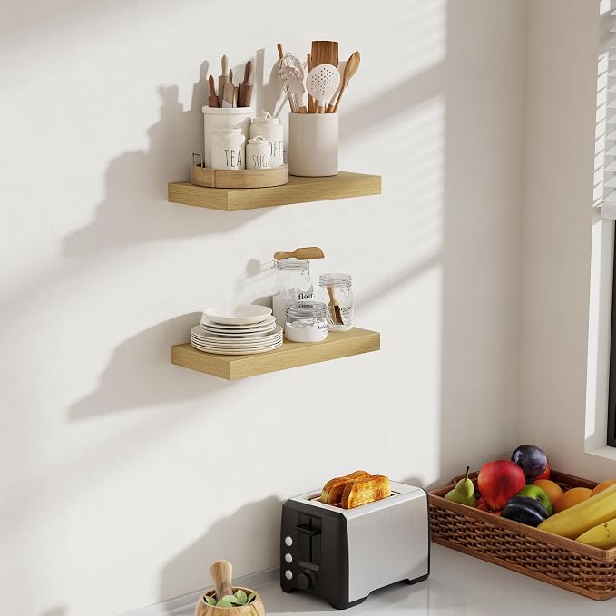Acovy 16 Inch Floating Shelves, 8 Inch Deep Floating Shelves for Wall, Hanging Shelf with Invisible Brackets, Deep Shelves for Bathroom, Bedroom, Living Room, Oak, Set of 2