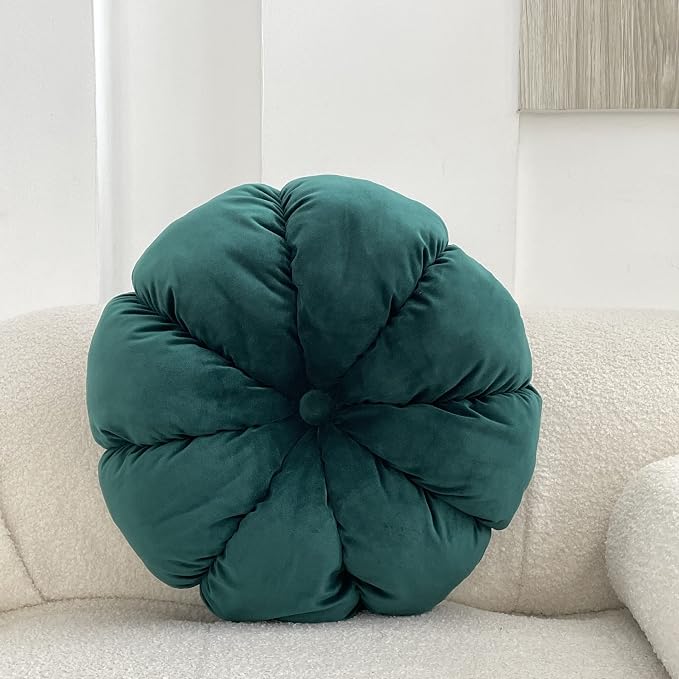 MOJUN Round Velvet Pillow Pumpkin Pleated Cushion Throw Pillow Home Decorative for Couch Chair Bed Car (Dark Green, 17.7 inch)