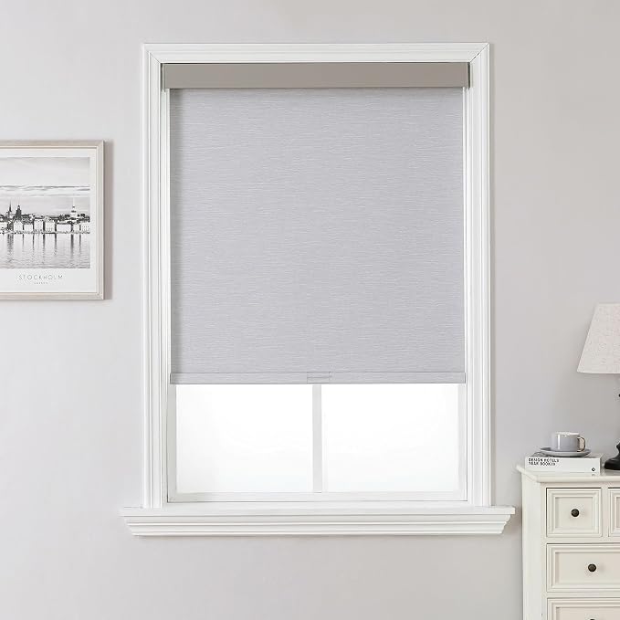 Joydeco 100% Blackout Roller Shades (Pro), Free-Stop Cordless Blinds for Windows, UV Protection, Natural Woven Blinds for Home and Office, Light-Proof Aluminum Cover (Light Grey, 47" W x 75" H)