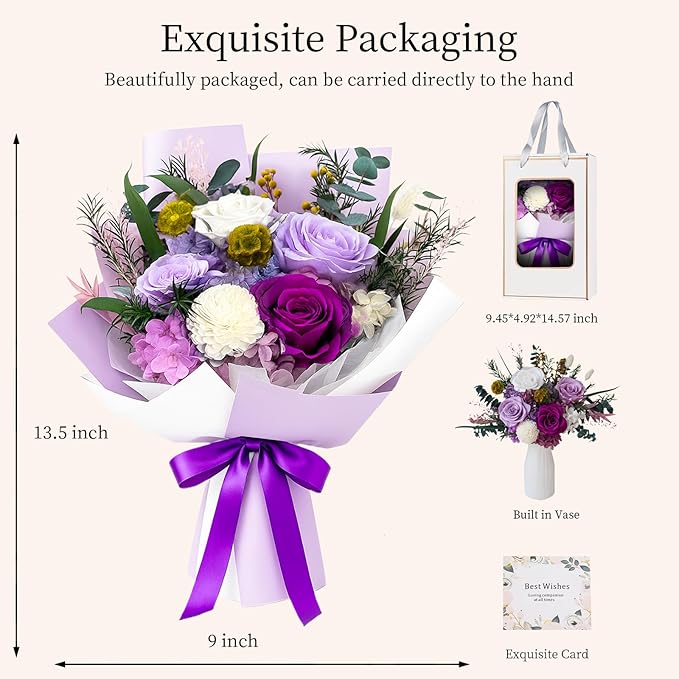 FNCHAI Forever Flowers Bouquet, Real Preserved Roses in Box for Delivery, Perfect for Valentine's Day, Anniversary, Graduation, Birthday Gift for Her or Him (purple)