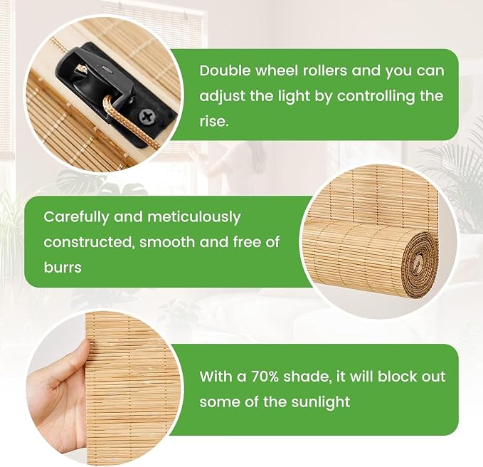 Bamboo Blinds, Easy to Install Bamboo Shades for Indoor Windows, Custom Sizes Roller Shades for Indoor Windows, Roll Up Blinds Indoor Outdoor Patio