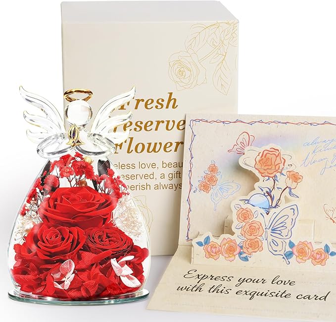 homeasy Flowers Gifts for Women Wife, Preserved Flowers Rose in Glass Angel Figurines, Birthday Anniversary Forever Fresh Flowers for Delivery Gift Box with 3D Card for Mom Her Girlfriend