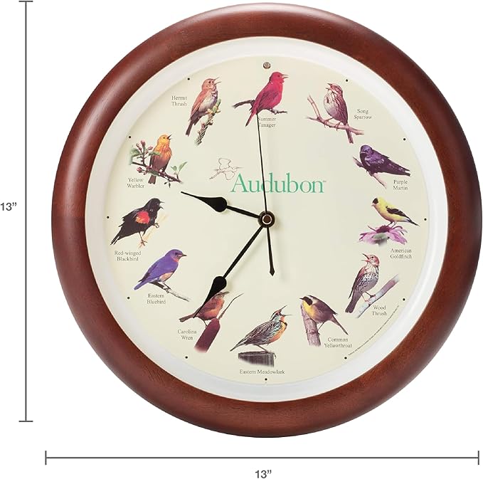 Mark Feldstein, Audubon Singing Bird Wall Clock, 13 Inch, Premium Cherry