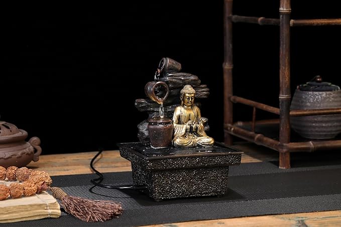 Tabletop Water Fountain Buddha Statue Desktop Indoor Waterfall Fountain Tabletop Humidifiers Home Decoration for Office, Living Room, or Bedroom